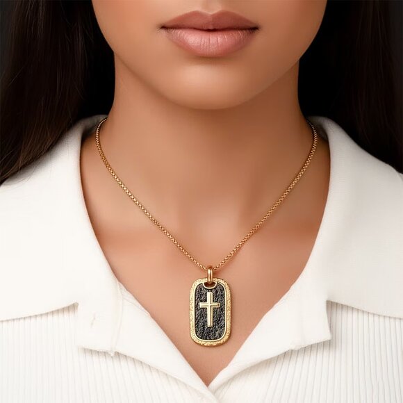 GOLD CROSS Pendant Necklace in ION Plated Yellow Gold W Black Oxidized 20"-22" - Picture 7 of 8